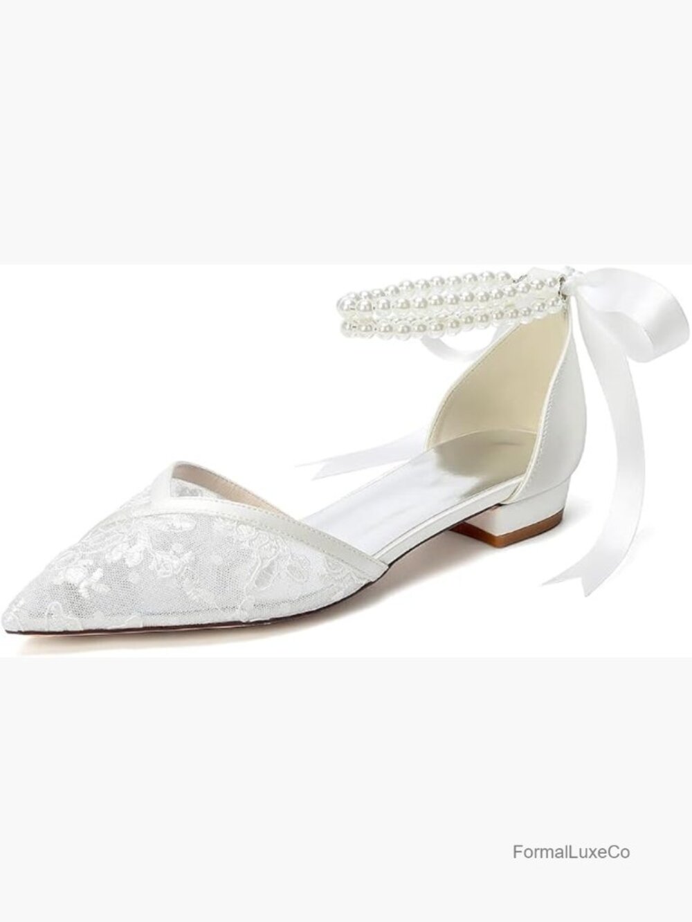 Pointed Toe Pearl Ankle Strap Lace Wedding Flats Bridal Shoes Flat
